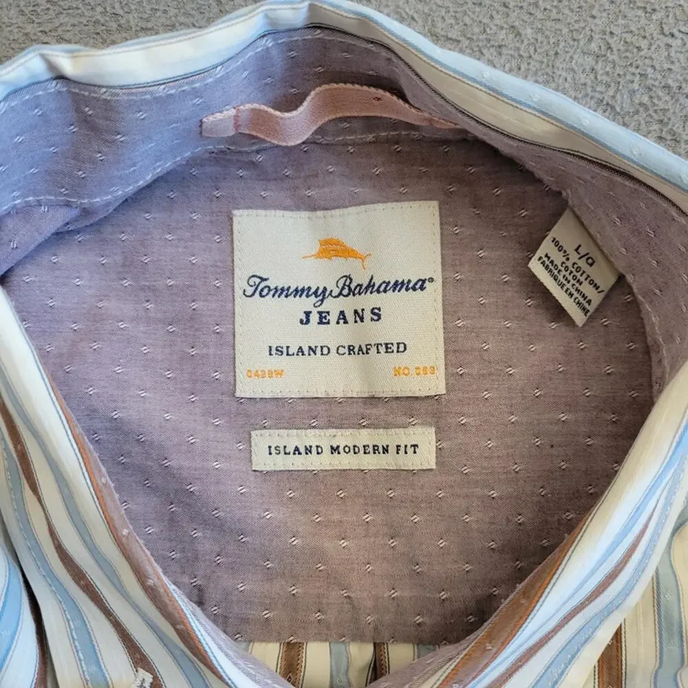 TOMMY BAHAMA Shirt Mens Large Jeans Island Modern Fit Blue Brown Striped Cotton - Picture 12 of 15